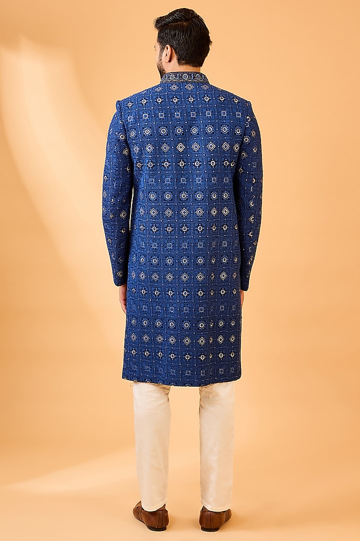 Navy Blue & Gold Viscose Wedding Sherwani Set by Spring Break Men at Pernia's Pop Up Shop