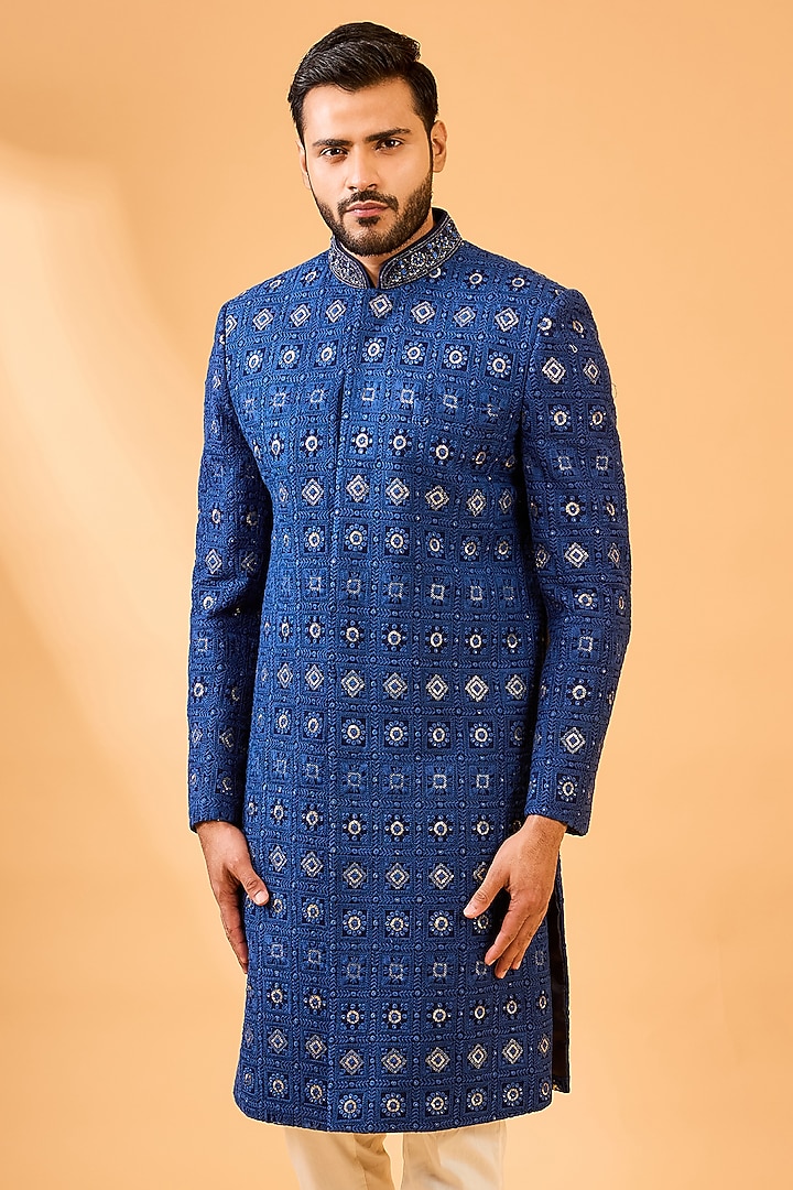 Navy Blue & Gold Viscose Wedding Sherwani Set by Spring Break Men at Pernia's Pop Up Shop