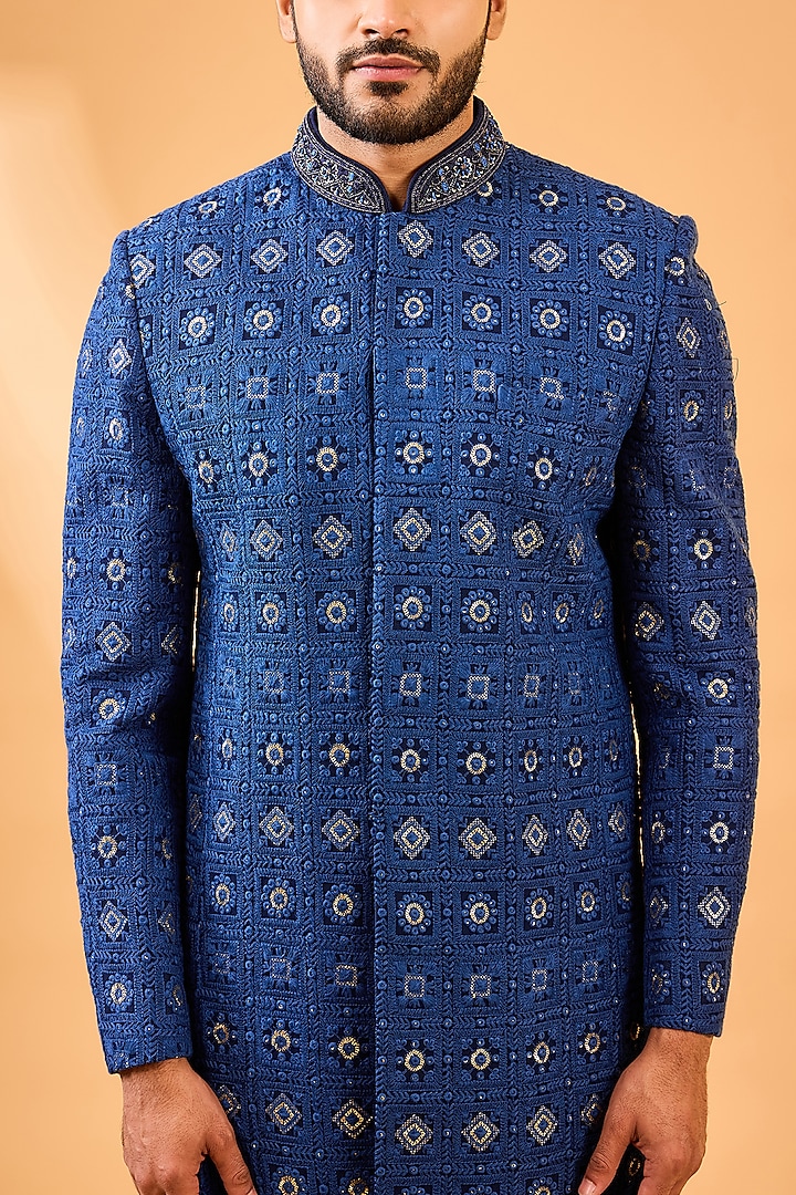 Navy Blue & Gold Viscose Wedding Sherwani Set by Spring Break Men at Pernia's Pop Up Shop