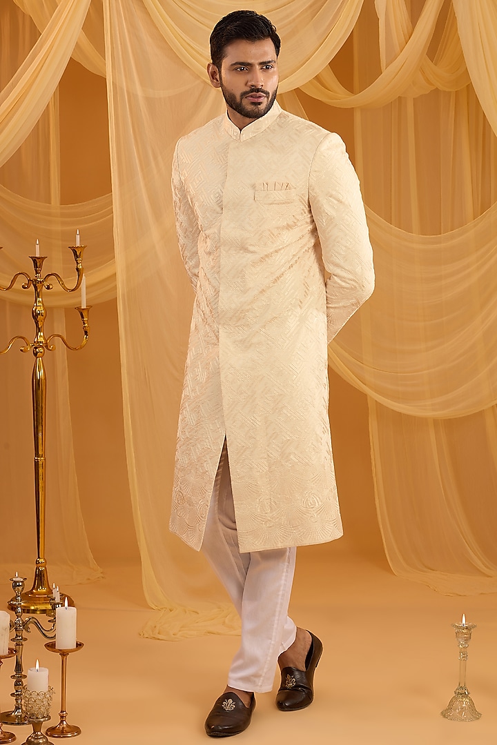 Cream Dupion Silk Geometric Embroidered Sherwani Set by Spring Break Men