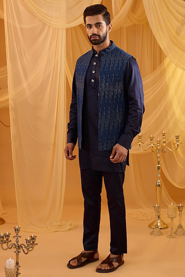 Navy Blue Georgette Sequins Embroidered Indo-Western Set by Spring Break Men at Pernia's Pop Up Shop