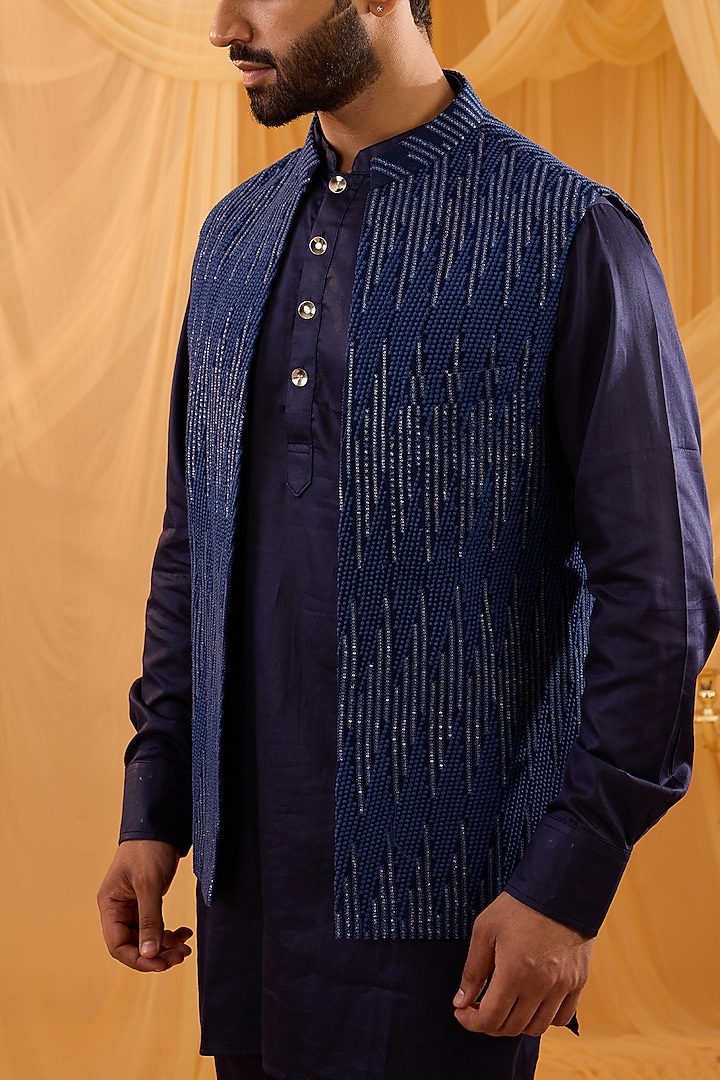 Navy Blue Georgette Sequins Embroidered Indo-Western Set by Spring Break Men at Pernia's Pop Up Shop