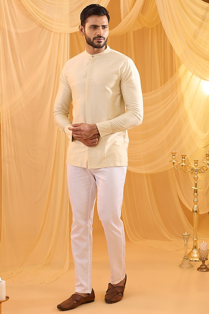 Cream Cotton Silk Hand Embroidered Indo-Western Set by Spring Break Men at Pernia's Pop Up Shop