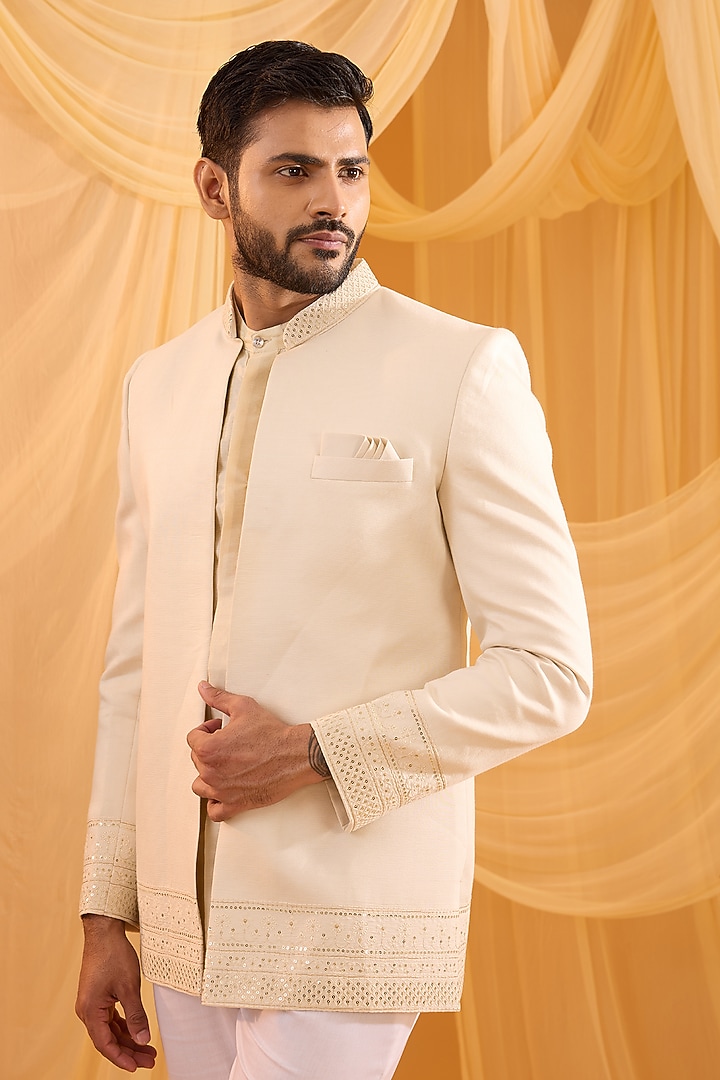 Cream Cotton Silk Hand Embroidered Indo-Western Set by Spring Break Men at Pernia's Pop Up Shop