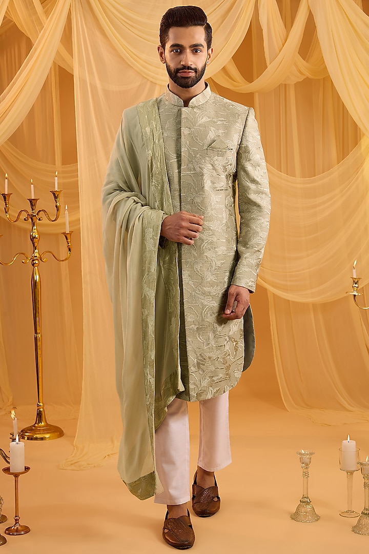 Dull Green Dupion Silk Floral Embroidered Wedding Sherwani Set by Spring Break Men at Pernia's Pop Up Shop