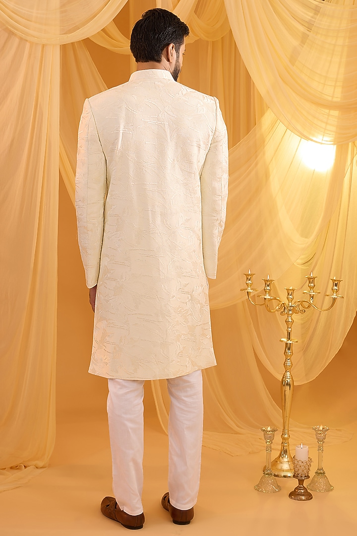 White Dupion Silk Floral Embroidered Wedding Sherwani Set by Spring Break Men at Pernia's Pop Up Shop