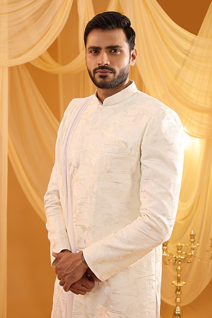White Dupion Silk Floral Embroidered Wedding Sherwani Set by Spring Break Men at Pernia's Pop Up Shop