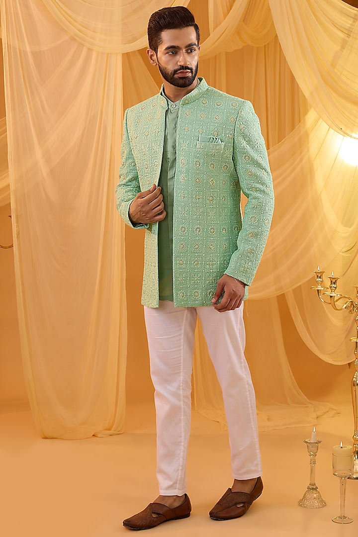 Mint Green Viscose Applique Embroidered Indo-Western Set by Spring Break Men