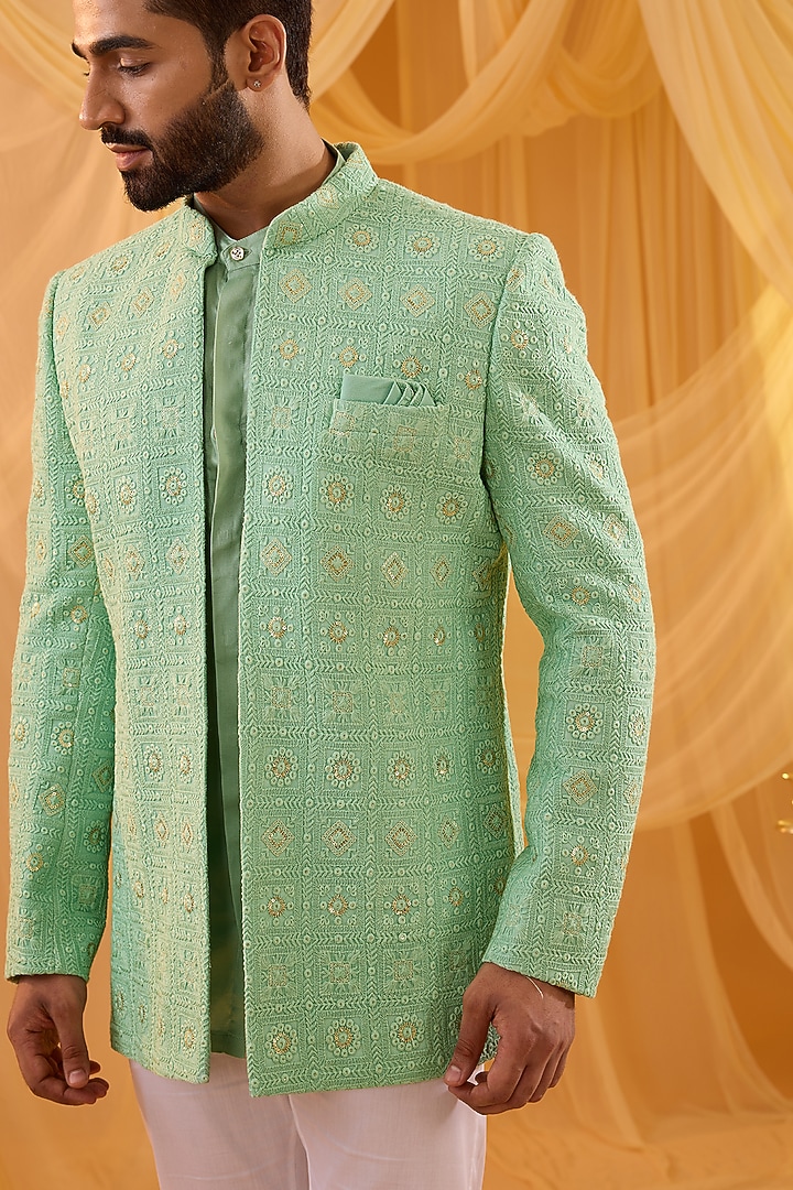 Mint Green Viscose Applique Embroidered Indo-Western Set by Spring Break Men at Pernia's Pop Up Shop