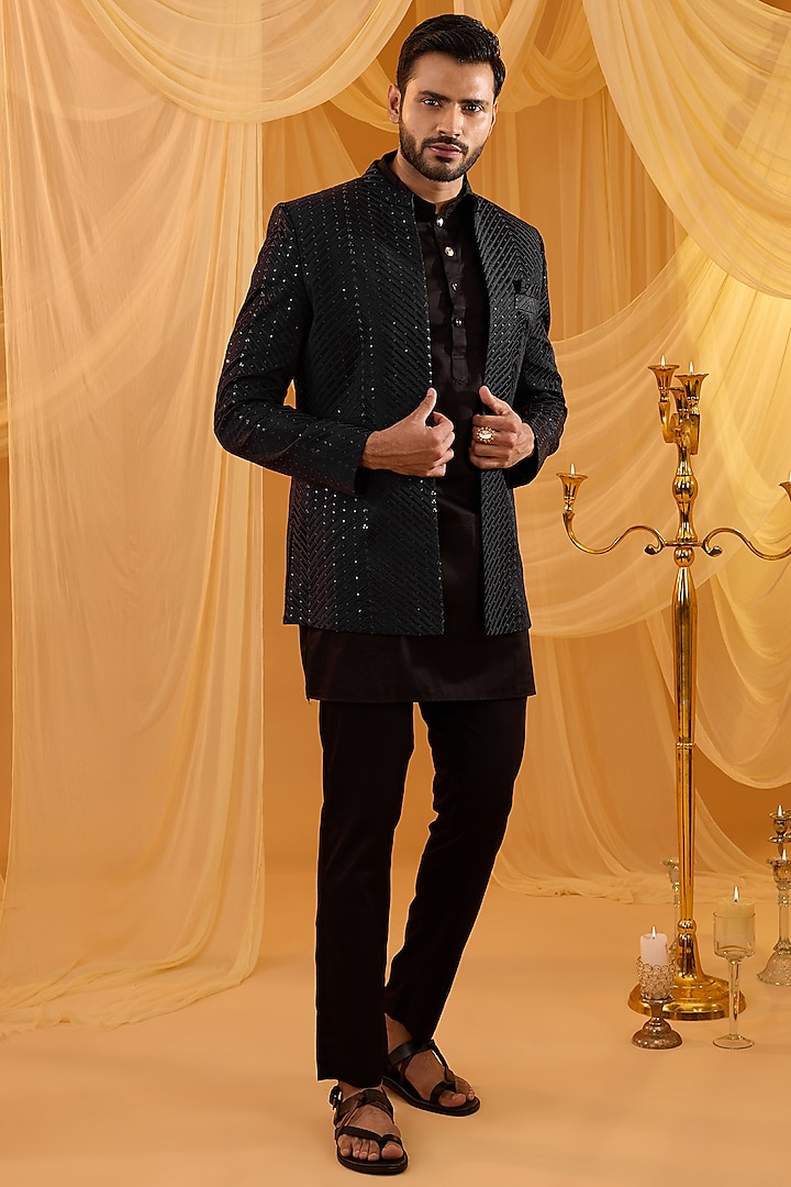 Black Dupion Silk Sequins Embroidered Indo-Western Set by Spring Break Men