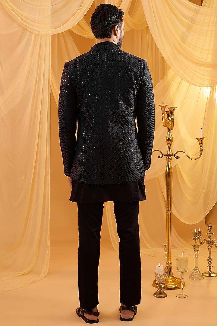 Black Dupion Silk Sequins Embroidered Indo-Western Set by Spring Break Men at Pernia's Pop Up Shop