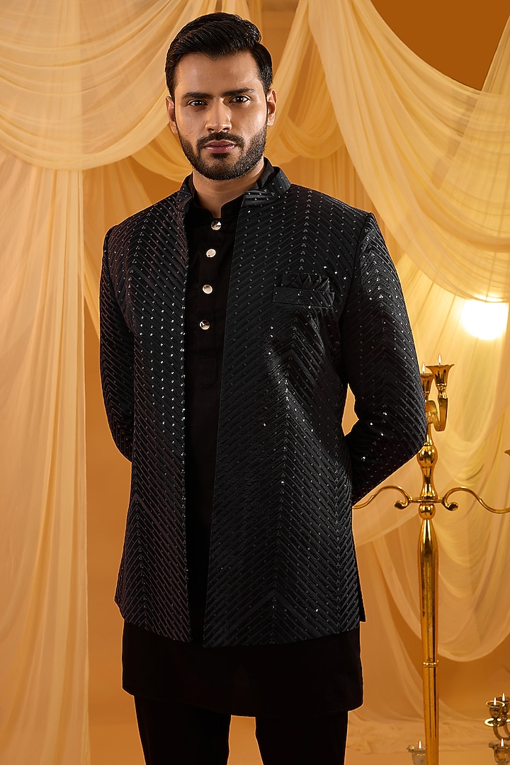 Black Dupion Silk Sequins Embroidered Indo-Western Set by Spring Break Men at Pernia's Pop Up Shop