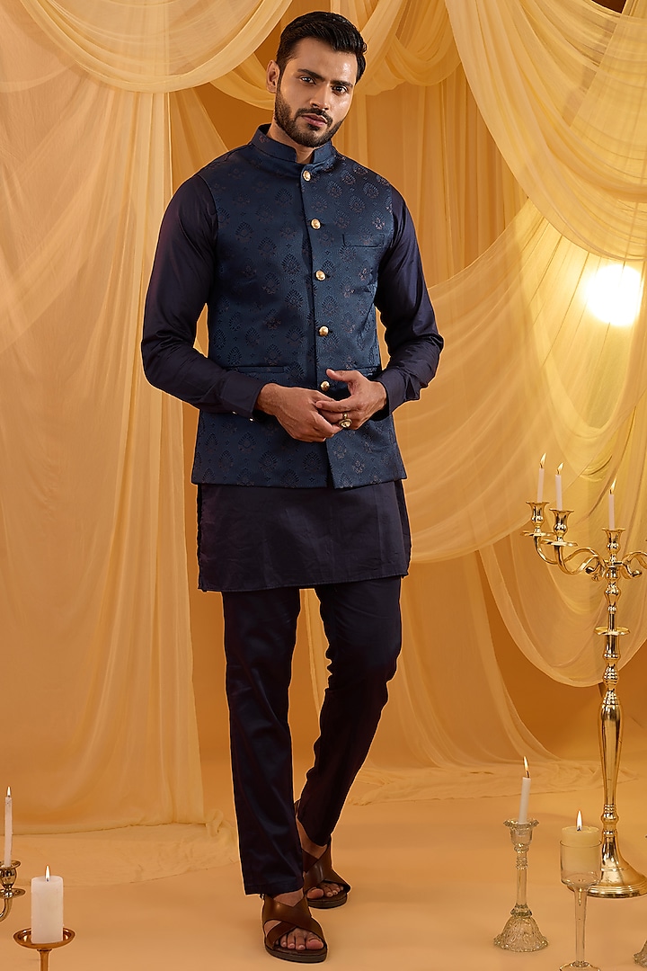 Navy Blue Cotton Silk Floral Motif Embroidered Bundi Jacket Set by Spring Break Men at Pernia's Pop Up Shop