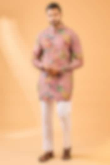 Pink Blended Silk Floral Printed Kurta Set by Spring Break Men