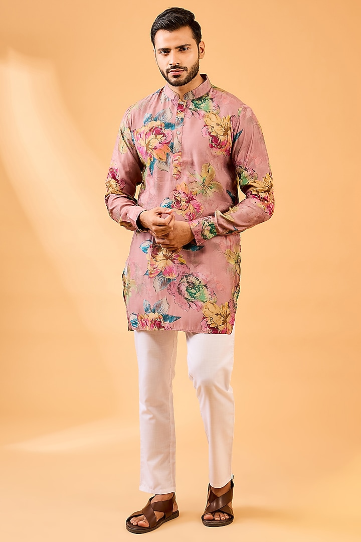 Pink Blended Silk Floral Printed Kurta Set by Spring Break Men