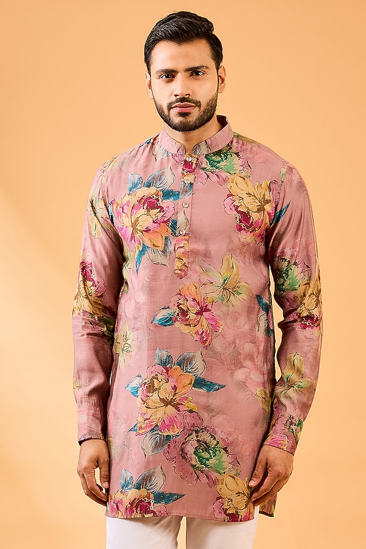 Pink Blended Silk Floral Printed Kurta Set by Spring Break Men at Pernia's Pop Up Shop