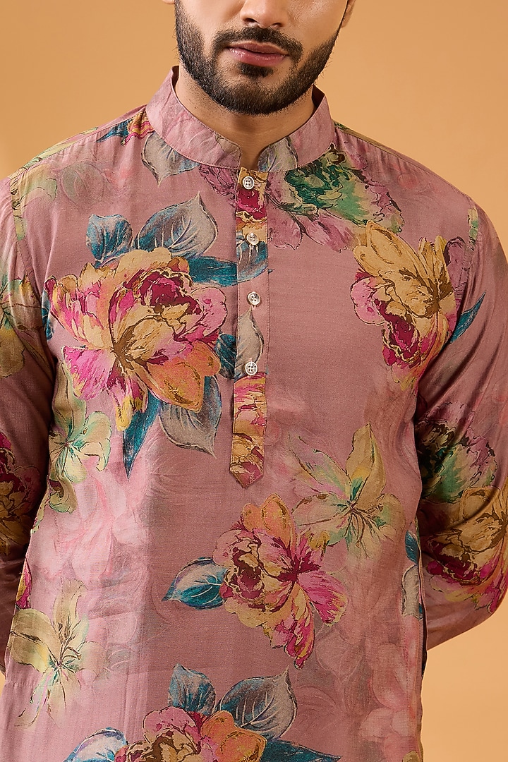 Pink Blended Silk Floral Printed Kurta Set by Spring Break Men at Pernia's Pop Up Shop