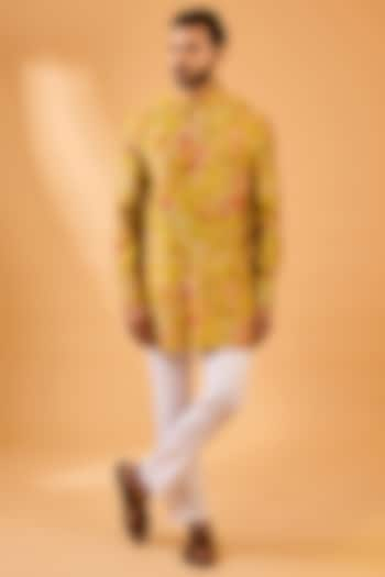 Yellow Blended Silk Floral Printed Kurta Set by Spring Break Men