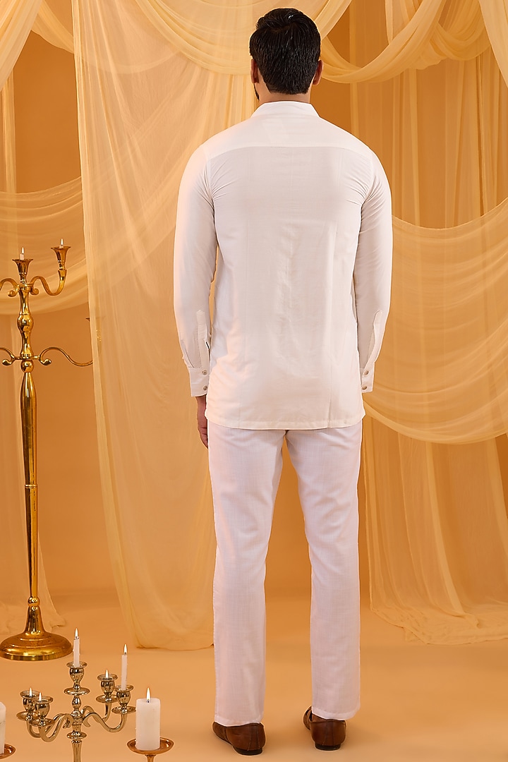 White Cotton Silk Applique Embroidered Indo-Western Set by Spring Break Men at Pernia's Pop Up Shop