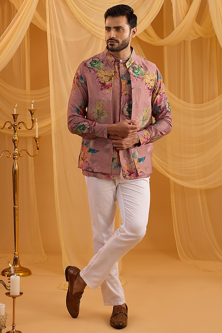 Lilac Blended Silk Floral Printed Indo-Western Set by Spring Break Men