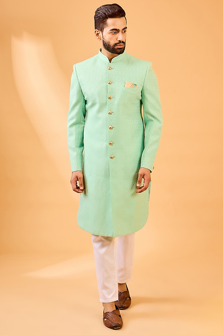 Mint Green Cotton Silk Floral Embroidered Wedding Sherwani Set by Spring Break Men at Pernia's Pop Up Shop