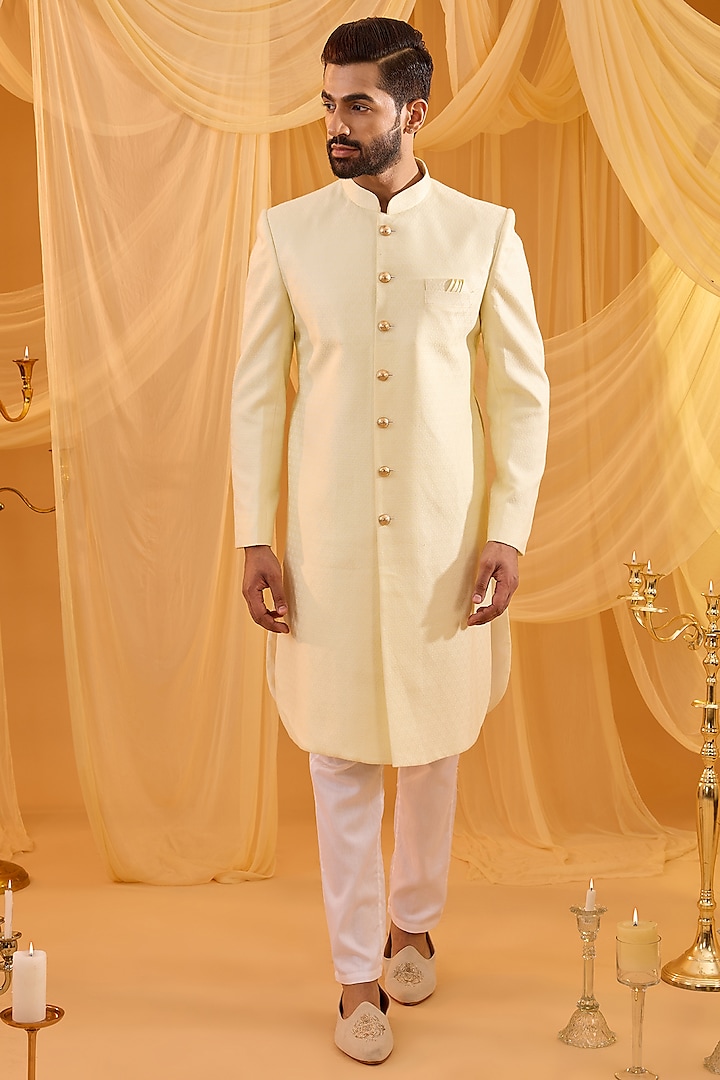 Ivory Cotton Silk Floral Embroidered Wedding Sherwani Set by Spring Break Men at Pernia's Pop Up Shop