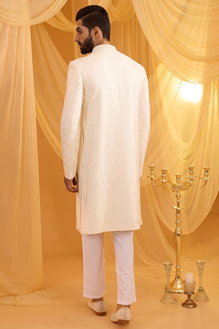 Ivory Dupion Silk Geometric Embroidered Wedding Sherwani Set by Spring Break Men at Pernia's Pop Up Shop