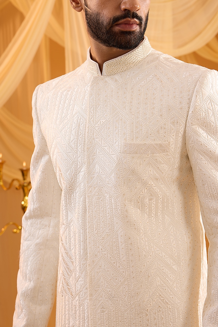 Ivory Dupion Silk Geometric Embroidered Wedding Sherwani Set by Spring Break Men at Pernia's Pop Up Shop