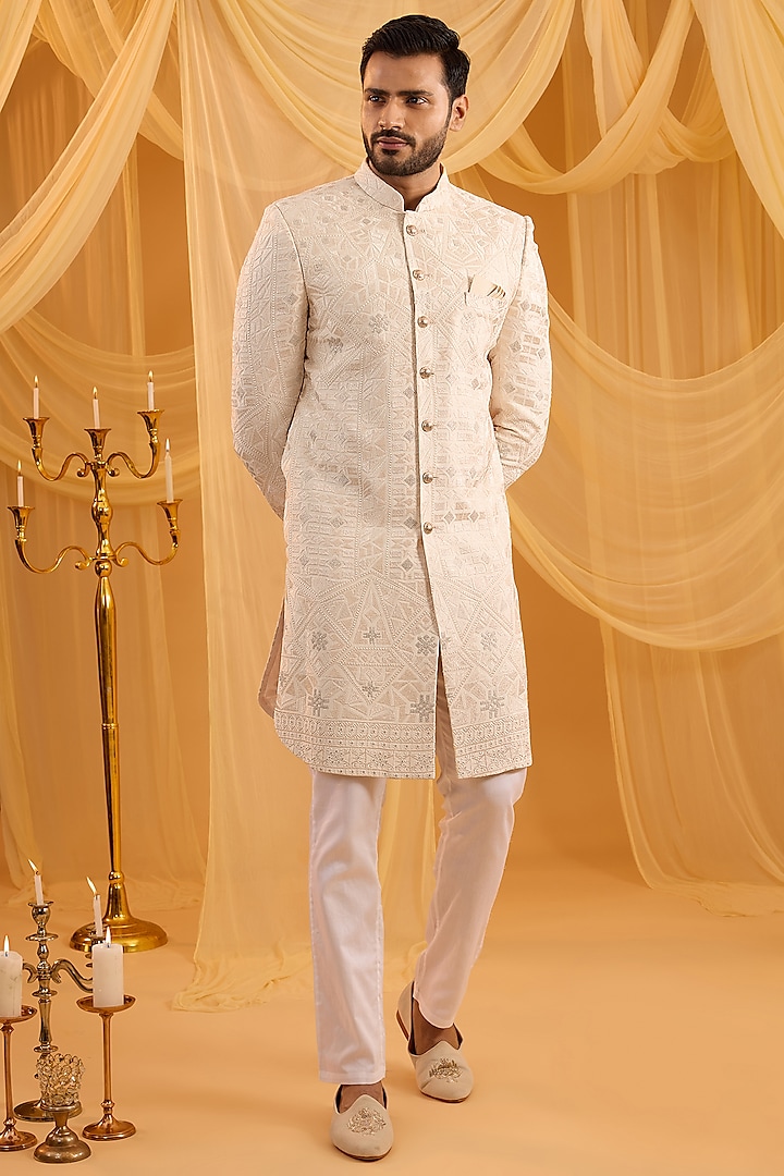 Cream Viscose Lucknowi Embroidered Sherwani Set by Spring Break Men