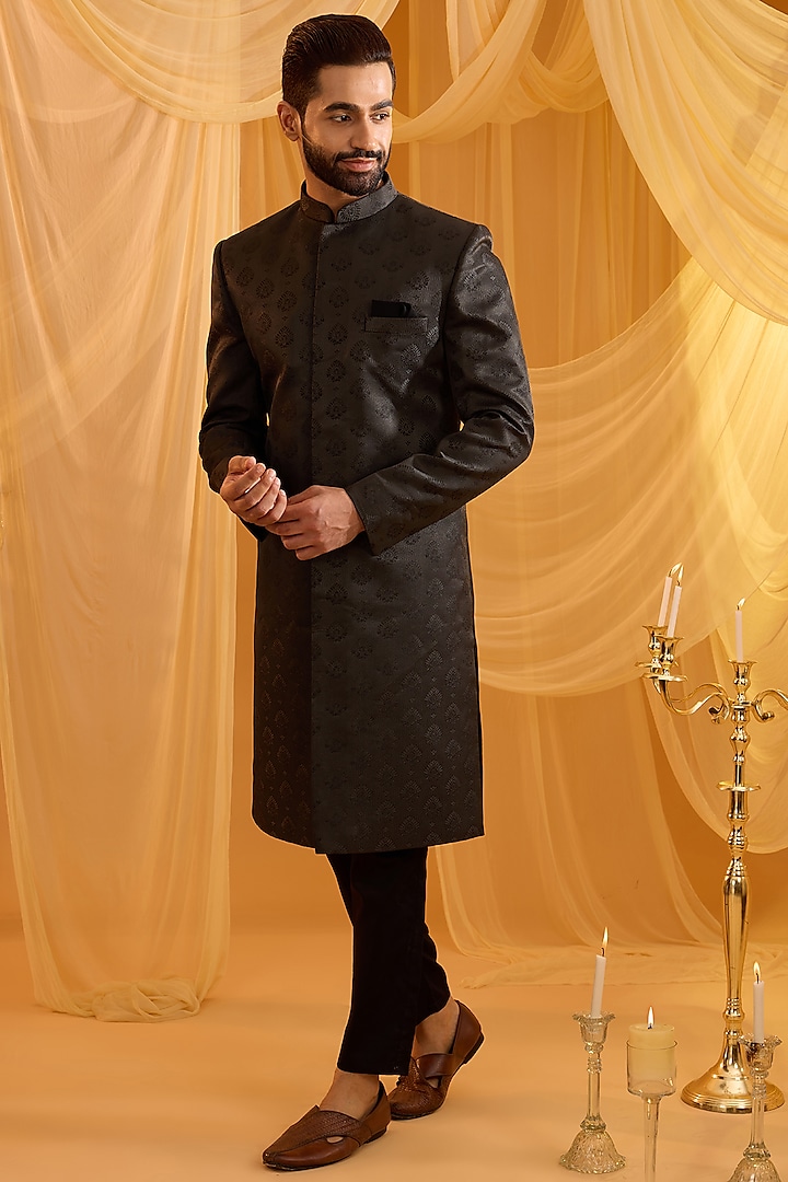 Black Cotton Silk Floral Embroidered Sherwani Set by Spring Break Men