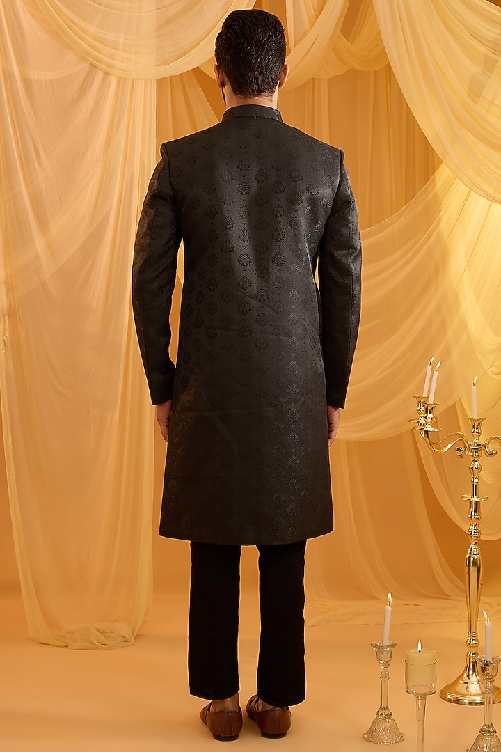 Black Cotton Silk Floral Embroidered Wedding Sherwani Set by Spring Break Men at Pernia's Pop Up Shop