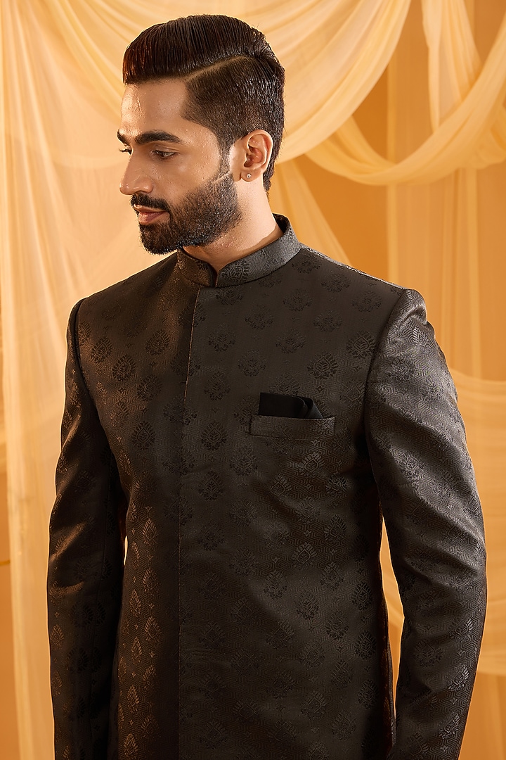 Black Cotton Silk Floral Embroidered Wedding Sherwani Set by Spring Break Men at Pernia's Pop Up Shop