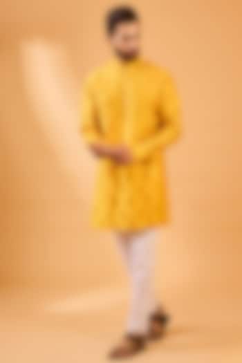 Mustard Dupion Silk Floral Embroidered Kurta Set by Spring Break Men