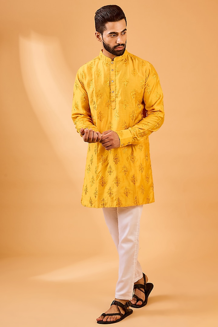 Mustard Dupion Silk Floral Embroidered Kurta Set by Spring Break Men