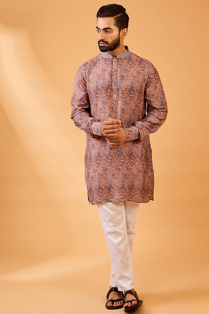 Grey Muslin Silk Botanical Printed Kurta Set by Spring Break Men