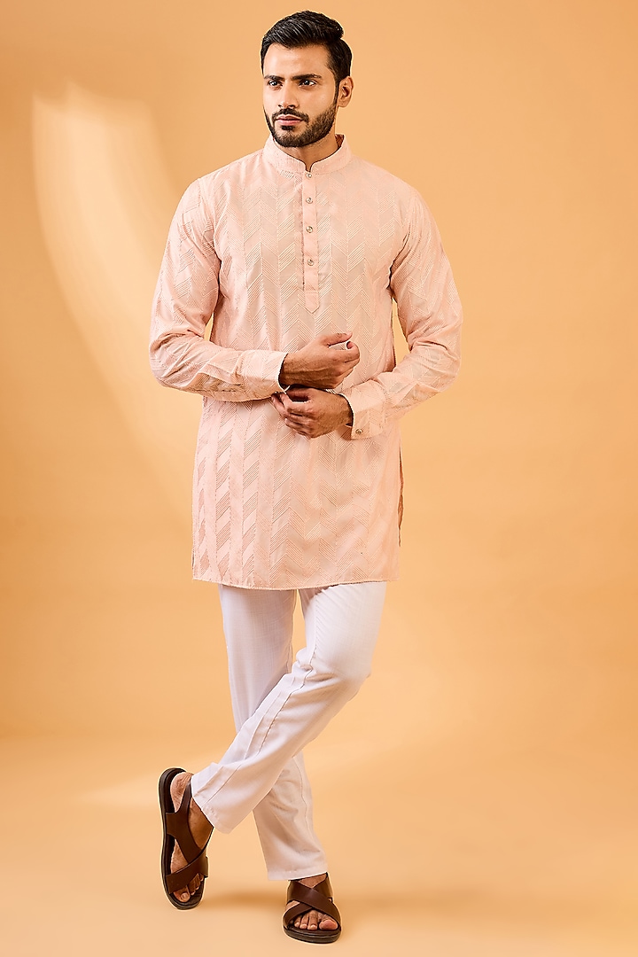 Pink Dupion Silk Geometric Embroidered Kurta Set by Spring Break Men