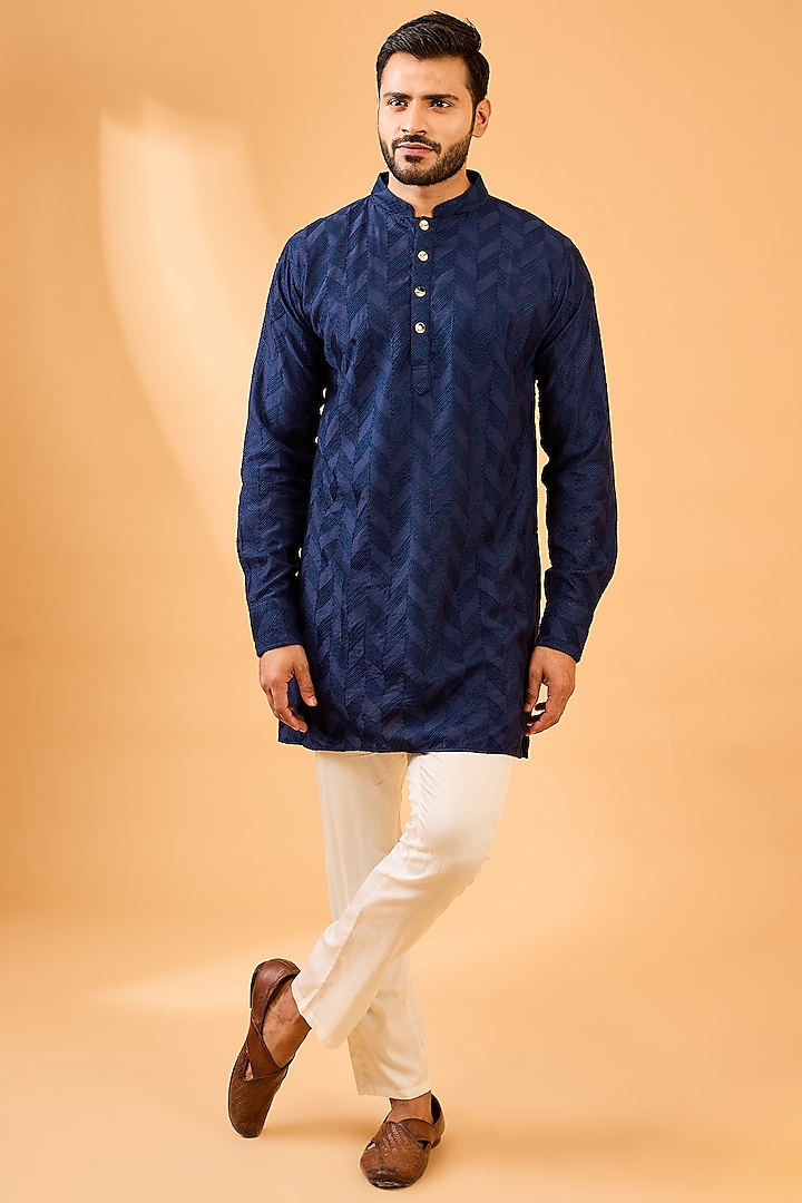 Navy Blue Dupion Silk Geometric Embroidered Kurta Set by Spring Break Men