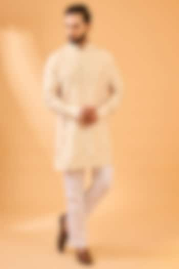 Nude Dupion Silk Floral Embroidered Kurta Set by Spring Break Men at Pernia's Pop Up Shop