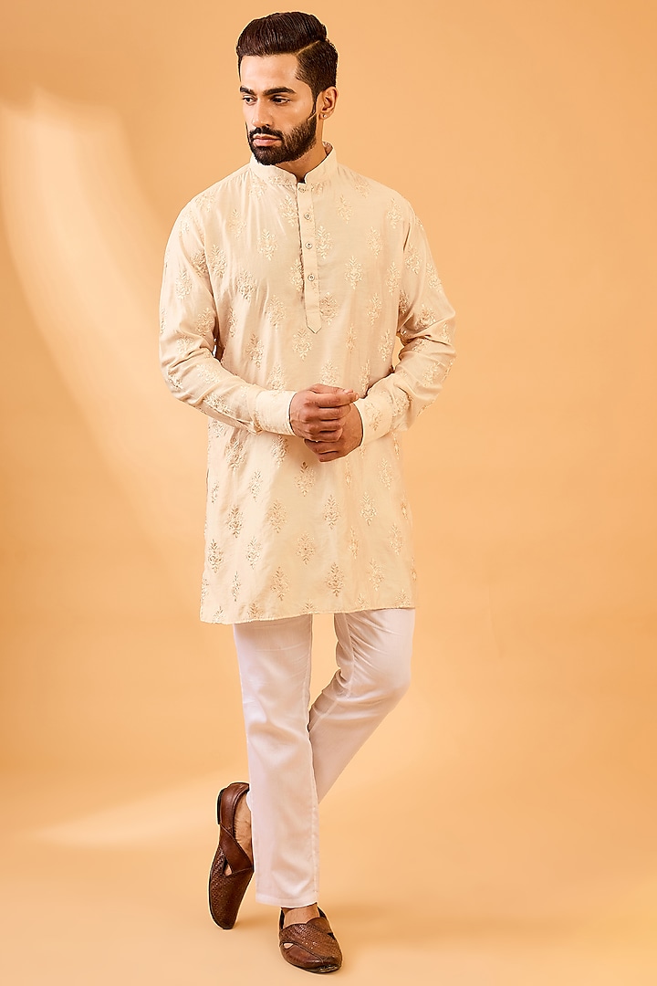 Nude Dupion Silk Floral Embroidered Kurta Set by Spring Break Men at Pernia's Pop Up Shop