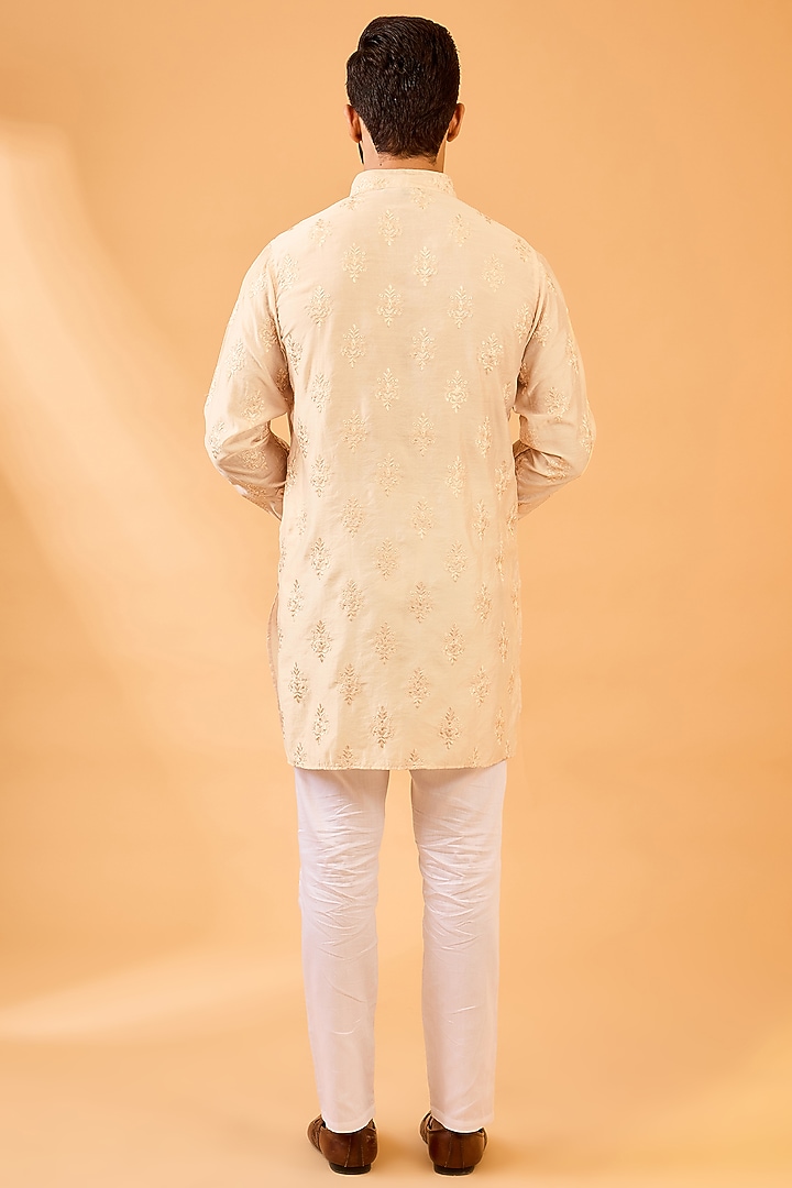Nude Dupion Silk Floral Embroidered Kurta Set by Spring Break Men at Pernia's Pop Up Shop