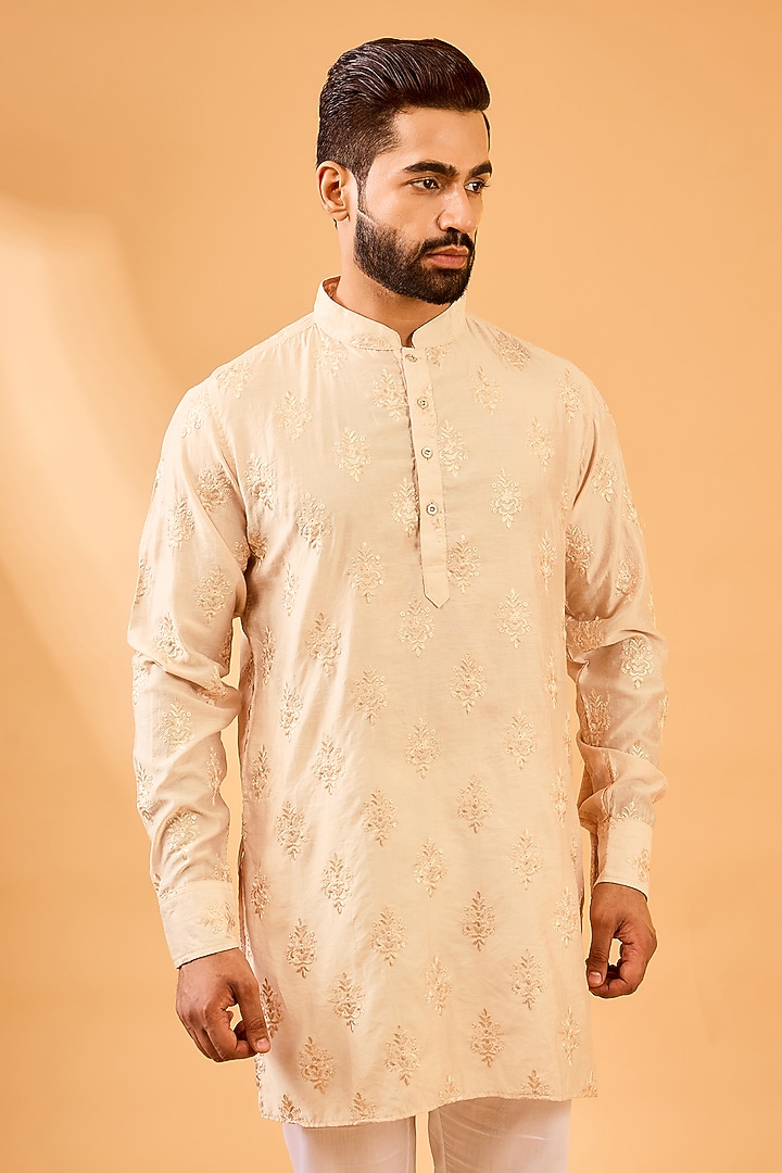 Nude Dupion Silk Floral Embroidered Kurta Set by Spring Break Men at Pernia's Pop Up Shop