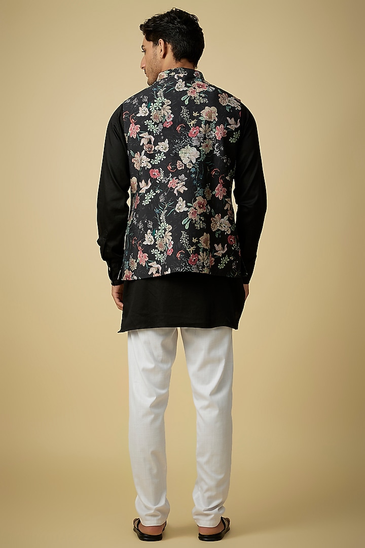 Black Blended Silk Digital Printed Nehru Jacket Set by Spring Break Men at Pernia's Pop Up Shop