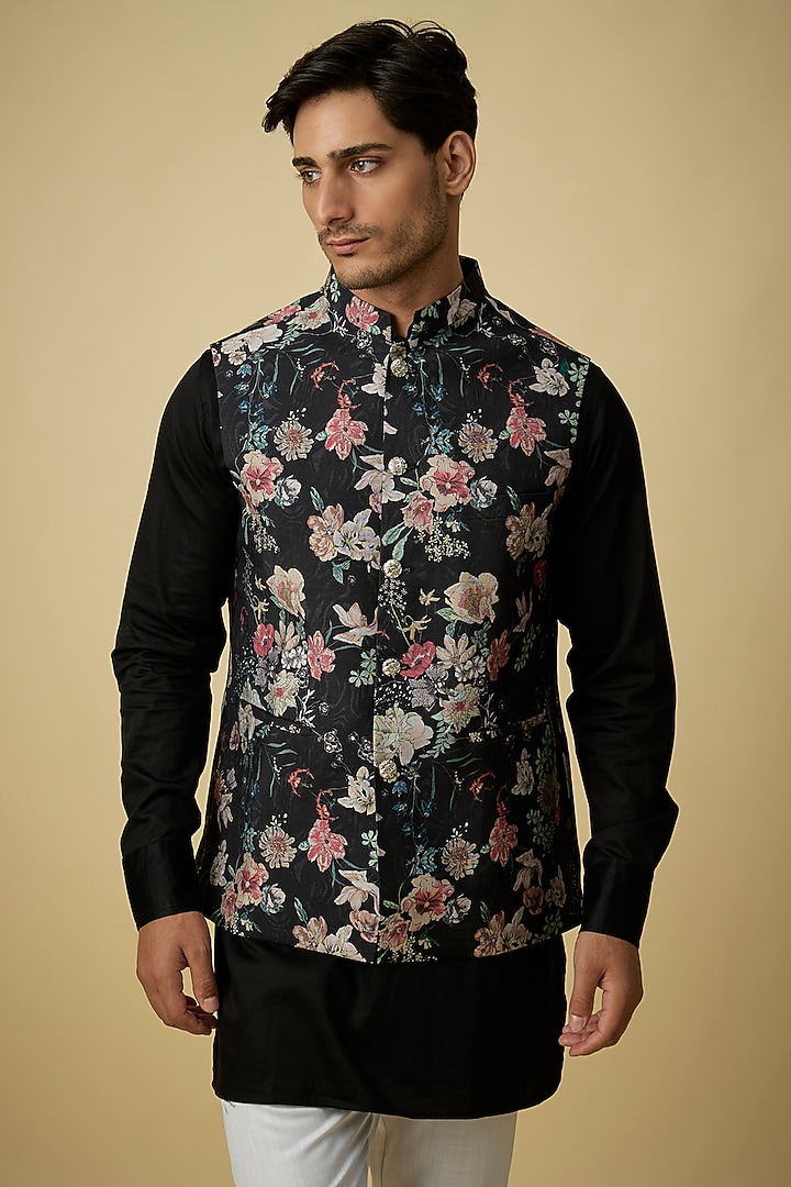 Black Blended Silk Digital Printed Nehru Jacket Set by Spring Break Men at Pernia's Pop Up Shop