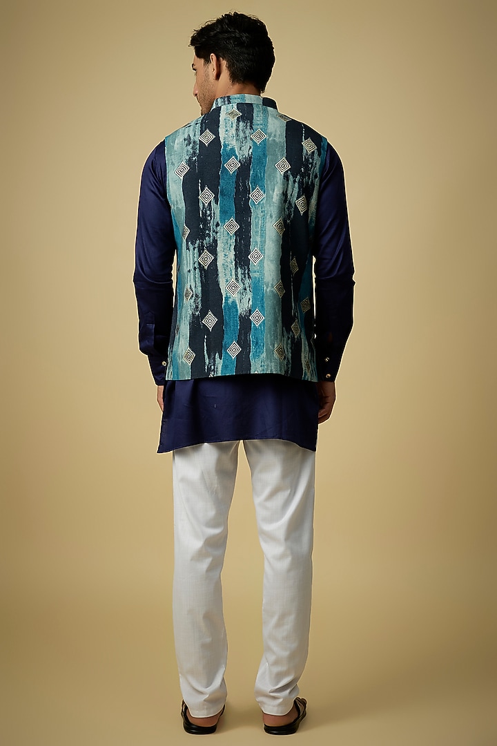 Navy Blue Blended Silk Digital Printed Nehru Jacket Set by Spring Break Men at Pernia's Pop Up Shop
