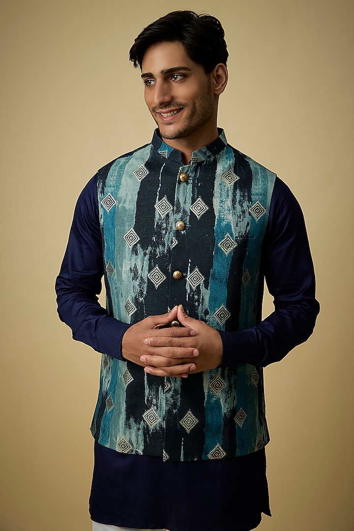 Navy Blue Blended Silk Digital Printed Nehru Jacket Set by Spring Break Men at Pernia's Pop Up Shop