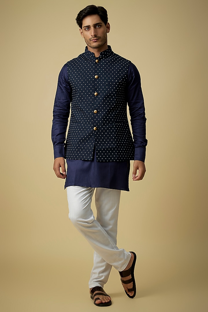 Navy Blue Cotton Printed Bundi Jacket Set by Spring Break Men