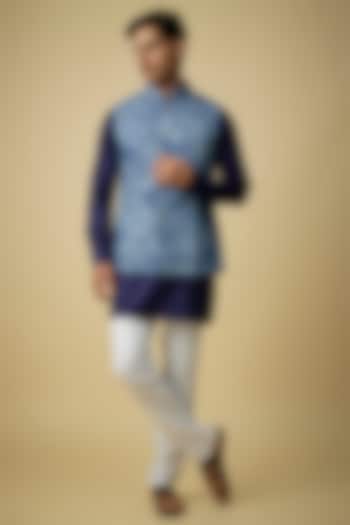 Blue Cotton Tropical Printed Bundi Jacket Set by Spring Break Men