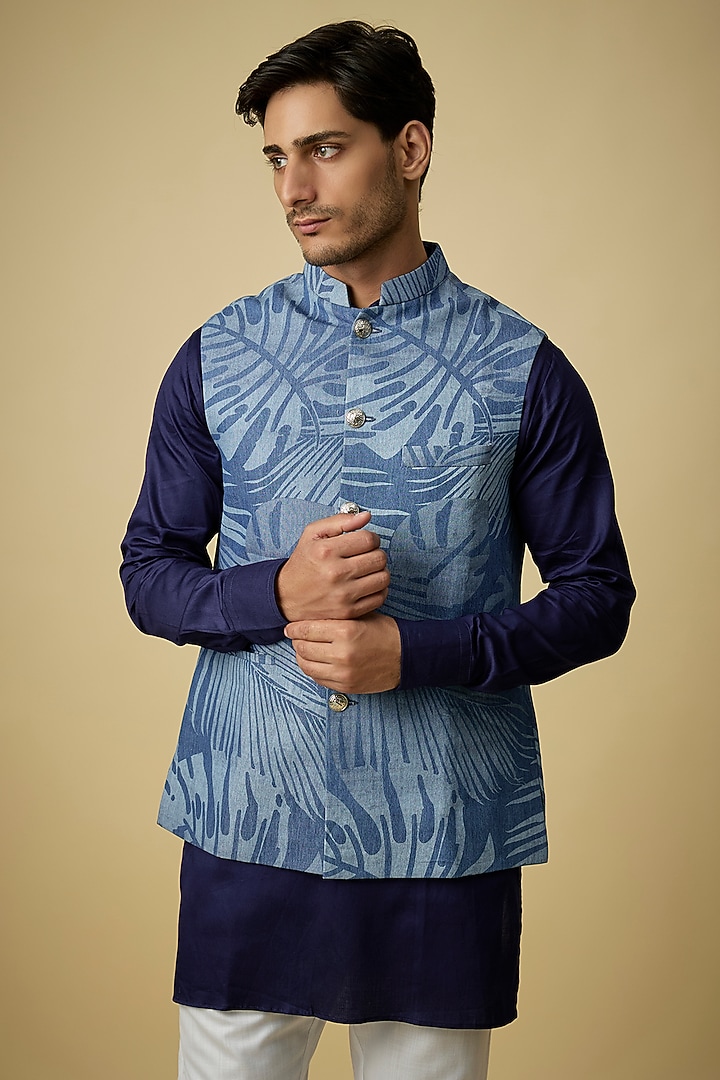 Blue Cotton Tropical Printed Nehru Jacket Set by Spring Break Men at Pernia's Pop Up Shop
