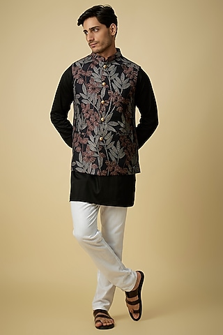 Black Blended Silk Tropical Printed Nehru Jacket Set by Spring Break Men