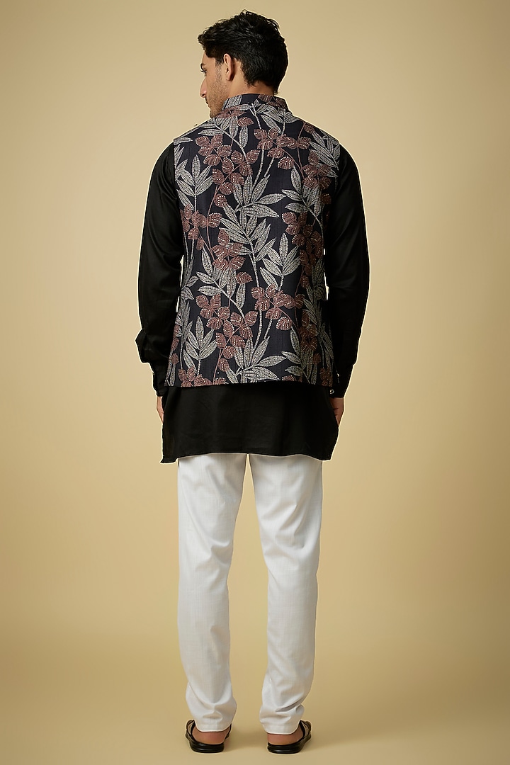 Black Blended Silk Tropical Printed Nehru Jacket Set by Spring Break Men at Pernia's Pop Up Shop
